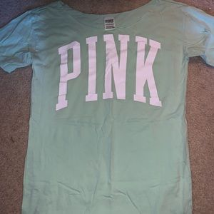 long off the shoulder PINK VS mint shirt